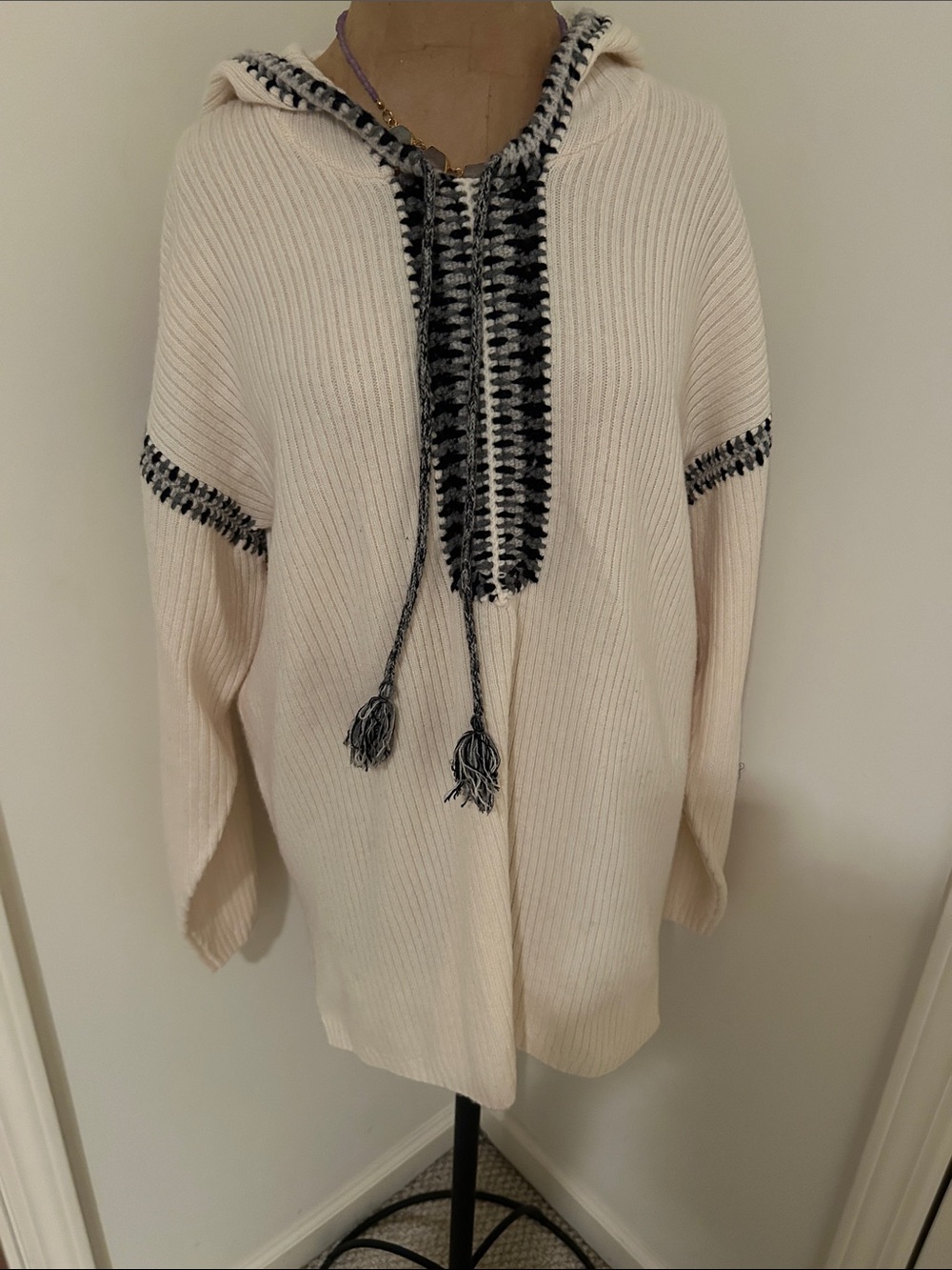 Johnny Was Cream Hooded Knit Pullover with Black Trim